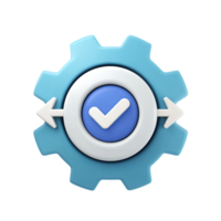 3D icon Blue gear with a checkmark and arrows symbolizing completed update successful system check or validated process Approved settings Isolated png