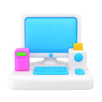 3D icon All in one computer setup with calculator supplies and keyboard Represents office work accounting or a business workstation Isolated png