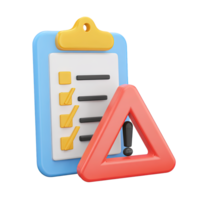3D icon Blue clipboard with checklist and red warning triangle symbolizing task alert project risk or critical issue Ideal for warnings Isolated png