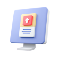 3D icon Blue monitor angled view showing document with upload arrow Represents file transfer data submission or cloud solutions Tech Isolated png