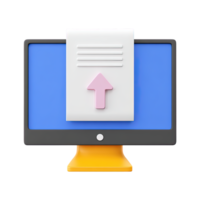 3D icon Dark monitor with a document and pink upload arrow indicating file transfer data submission or cloud services Tech concept Isolated png