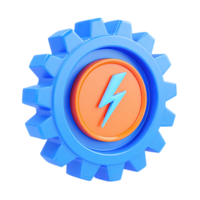 3D icon Blue gear with an orange circle and yellow lightning bolt symbolizing power energy high voltage or fast processing Dynamic Isolated png