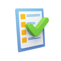 3D icon Blue clipboard with checklist and a large green checkmark symbolizing completed tasks successful verification or approved list Isolated png