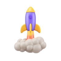 3D orange and grey rocket launching from a stylized cloud. Represents cloud-based startups, innovative ideas taking flight, or ambitious projects beginning. png