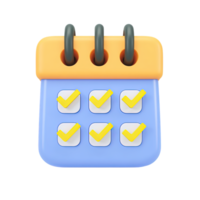 3D yellow and orange calendar icon displaying multiple yellow checkmarks. Represents completed tasks, scheduled achievements, successful planning, or event confirmations. png