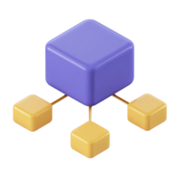 3D icon central purple cube connected to four yellow cubes. Symbolizes network structures, decentralized systems, linked data, or organizational hierarchy. png