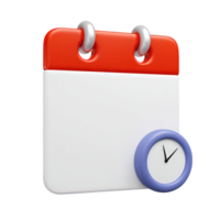 3D red and white calendar icon with a small blue clock. Symbolizes timed events, appointment schedules, deadline management, or specific time-bound tasks clearly. png