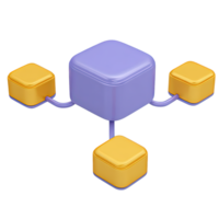 Angled 3D icon light purple central cube linked to four yellow cubes. Illustrates data connections, network topology, system architecture, or distributed ledgers. png