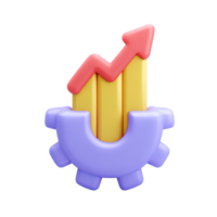 3D icon purple gear enclosing a yellow bar chart with a rising red arrow. Represents operational growth, process improvement, performance analytics, efficiency. png