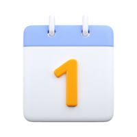 3D white and blue calendar icon displaying the number '1' in orange. Represents the first day, a specific date, a new beginning, or a top priority event page. png