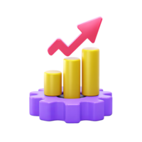 3D rendered icon yellow bar chart with red rising arrow on a purple cogwheel base. Symbolizes business performance, statistical growth, process optimization. png
