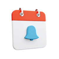 3D red and white calendar icon featuring a blue notification bell. Symbolizes event reminders, scheduled alerts, important date notifications, or upcoming tasks. png