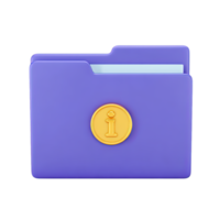 Purple 3D folder icon with a yellow information 'i' symbol. Represents data storage, document information, project files, or organized digital archives clearly. png