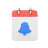 3D white calendar page with red header, showing a blue notification bell. Represents upcoming appointment alerts, schedule reminders, or due date notifications. png