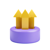 3D icon of a purple base with three golden arrows pointing upwards. Symbolizes growth, progress, multiple positive trends, advancement, or upload functions. png