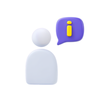 3D abstract person icon with speech bubble showing an 'i' information symbol. Represents user support, help desk, providing information, or customer service. png