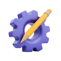 3D dark blue gear icon with a yellow pencil. Symbolizes editing settings, customizing configurations, process modification, or system adjustments and updates. png