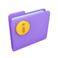 Angled purple 3D folder icon featuring a yellow 'i' information symbol. Signifies access to file details, project information, or organized data storage. png
