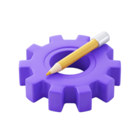 Angled 3D purple gear icon with a yellow pencil across it. Illustrates configuration editing, system customization, preference settings, or process design. png