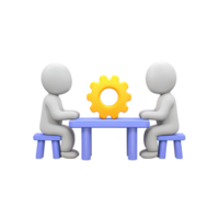 Two figures at table with gear between them 3D rendered icon for technical collaboration problem solving meeting or joint engineering project png