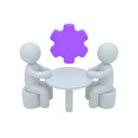 Two figures at table with gear above 3D rendered icon for technical discussion strategic planning engineering meeting or process optimization png