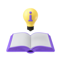 Open book with glowing lightbulb idea symbol a 3D rendered icon for knowledge learning education discovery insight or innovative thinking concept png
