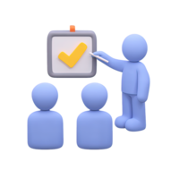 Figure presenting checked board to audience 3D rendered icon for successful task completion training results achievement report or positive feedback png