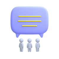 Three figures under speech bubble a 3D rendered icon representing group chat team communication online discussion forum or collective feedback png