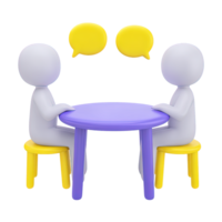 Two figures at table with speech bubbles 3D rendered icon for interview consultation Q and A session discussion meeting or communication png