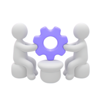 Two figures collaborating on a gear mechanism 3D rendered icon for teamwork problem solving process improvement engineering or building solutions png