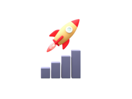 A sleek 3D rendered icon of a red rocket poised above a grey bar graph signifying innovation strategic launch business milestones or technological advancement and future goals for all users png