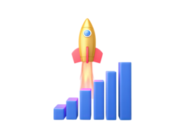 A 3D rendered icon of a red and yellow rocket launching above a rising blue bar graph symbolizing startup growth business success financial improvement or achieving new heights effectively png