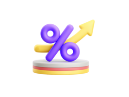 A 3D rendered purple percentage sign on a circular base with a yellow rising arrow graph symbolizing sales promotion financial increase or successful growth metrics for any website now png