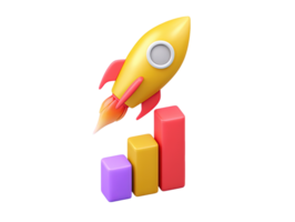 A dynamic 3D rendered icon featuring a red and yellow rocket ascending alongside a purple bar graph illustrating rapid growth business expansion or successful project launch and market entry png