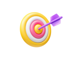 An angled view 3D rendered target icon showing a purple arrow hitting the bullseye of a red white and yellow target representing direct hit success strategic achievement and focused goals png