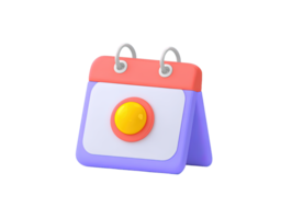 A 3D rendered purple desk calendar with a yellow push button symbolizing event scheduling reminders setting appointments or an interactive planner interface element for various digital uses png