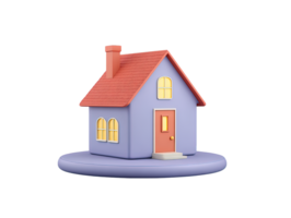 A 3D rendered house icon with a red roof light yellow walls and charming windows presented on a grey circular base perfect for property showcases or home related application UIs today png