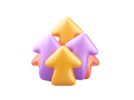 A 3D rendered icon with multiple arrows in purple yellow and orange pointing upwards symbolizing growth progress success upward trends or positive development in business or finance png