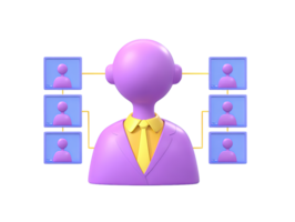 A 3D rendered icon of a purple figure analyzing data on multiple dashboards representing business intelligence analytics reporting or data driven decision making processes in a corporate setting png
