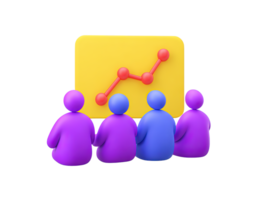 A 3D rendered icon of a team meeting with purple and blue figures discussing a yellow presentation board showing a rising graph symbolizing collaborative analysis strategic planning or business growth png