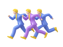 A dynamic 3D rendered icon of three stylized figures in blue purple and yellow running together signifying competition race teamwork or fast paced progress towards a common goal effectively png