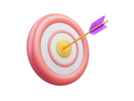A detailed 3D rendered target icon with concentric red white and yellow rings hit by a purple arrow signifying focus accuracy achieving targets or successful business strategy implementation png