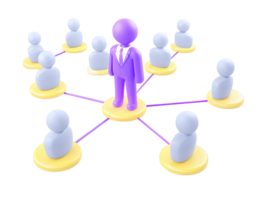 A 3D rendered icon illustrating a hierarchical network with a prominent purple leader figure connecting to yellow team members symbolizing leadership management and corporate structure png