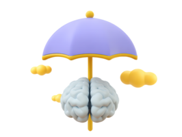 A 3D rendered brain protected by a purple umbrella with yellow clouds symbolizing intellectual property protection mental health awareness creative idea security or knowledge safety from any harm png
