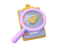 A 3D rendered clipboard with a document being reviewed by a pink magnifying glass and a green checkmark symbolizing audit inspection approval or quality control processes for all work png