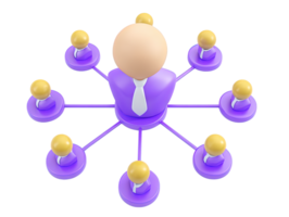 A dynamic 3D rendered icon of a network structure with a central purple figure connected to yellow nodes representing teamwork organization or communication for modern business visuals png
