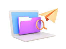 A 3D rendered laptop with a folder magnifying glass and paper plane symbolizing digital search data analysis online research or cloud file management for modern tech based operations png