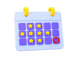 A 3D rendered purple calendar with multiple yellow star icons marking important dates events or achievements symbolizing planning scheduling and reward systems for any personal tasks png
