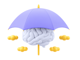 A 3D rendered brain under a purple umbrella with yellow clouds from another angle representing safeguarding thoughts mental wellbeing idea incubation or protecting valuable knowledge assets now png