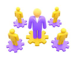 A 3D rendered icon depicting teamwork and collaboration with purple and yellow figures standing on interconnected gears symbolizing synergy operations process and business cooperation effectively png